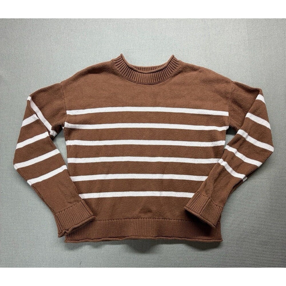 Haven Well Within Talbots 100% Organic Cotton Brown Striped Crewneck Sweater